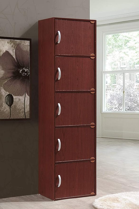 Hodedah 5-Shelf, 5-Door Bookcase in Mahogany