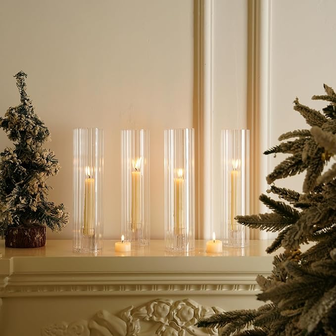 Hurricane Candle Holder Thickened Ribbed Cylinder Covers Taper Candle Sticks Holder Glass Tall Candlesticks Holders Centerpiece for Wedding Dining Table, 10 Pcs