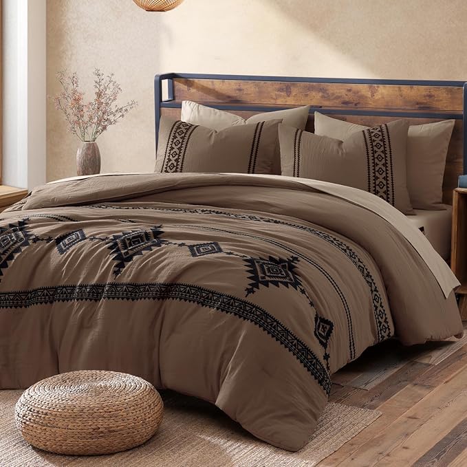 MaiRêve Embroidery Full Size Comforter Set Brown, Farmhouse Western Boho Bedding Set 7 Pieces, All Season Bed in A Bag Comforter Set with Sheets, Pillowcases & Shams