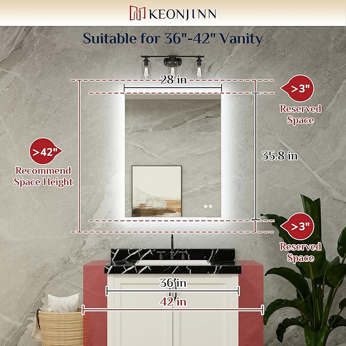 Keonjinn 28 x 36 Inch LED Bathroom Mirror with Backlit, Anti-Fog Vanity Mirror, CRI90+ HD Tempered Glass, Stepless Dimmable, High Lumen, UL Listed, Waterproof, Horizontal/Vertical
