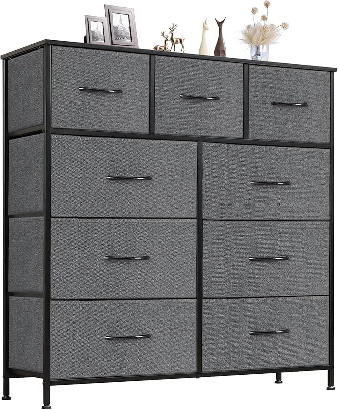 Sweetcrispy 9 Drawer Fabric Dresser Tall Chest Storage Organizer Tower with Cabinet Metal Frame and Wood Top Lightweight Nursery Closet Furniture for Bedroom,Charcoal Grey