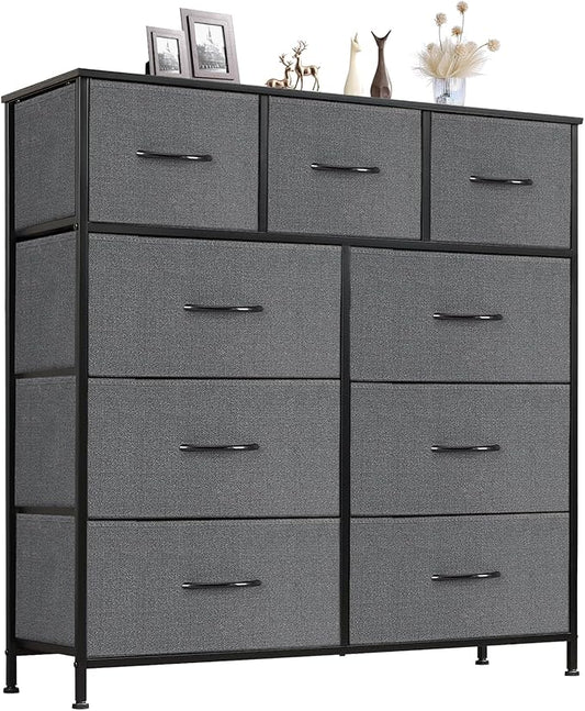 Sweetcrispy 9 Drawer Fabric Dresser Tall Chest Storage Organizer Tower with Cabinet Metal Frame and Wood Top Lightweight Nursery Closet Furniture for Bedroom,Charcoal Grey