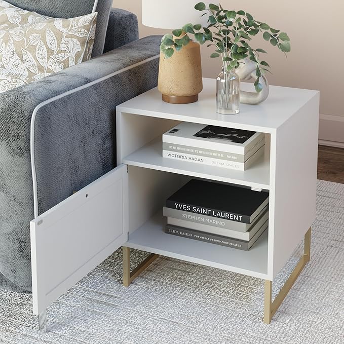 Nathan James Mina Side, End or Accent Table in a Matte White Finish & Brass Gold Legs with Natural Rattan Storage Door for Living Room or Nightstand for Bedroom, White/Gold, Set of 2