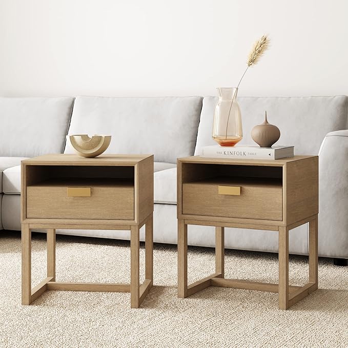 Nathan James Harper Modern Nightstand Side Accent or End Table with Storage Drawer, Set of 2, Light Brown