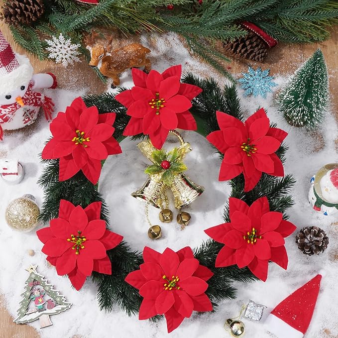 8 Pack Poinsettia Flowers Artificial Christmas Decorations, Red Poinsettia Flowers for Christmas Tree, Velvet Poinsettias Artificial Flowers for Xmas Decor DIY for Home Vase Indoor Outdoor Garden