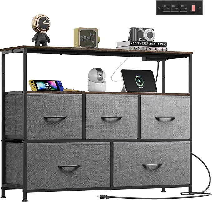 WLIVE 5 Drawer Dresser TV Stand for 45 Inch TV, Entertainment Center with Open Shelf and Power Outlet, Chest of Drawers for Bedroom, Living Room, Closet, Dark Grey