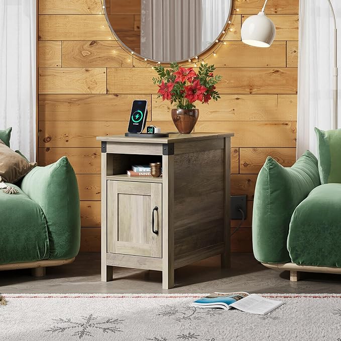 WLIVE Farmhouse End Table with Charging Station, Narrow Side Table for Living Room, Bedroom, Small Nightstand with Storage, USB Ports and Outlets, Small Wooden Cabinet, Greige