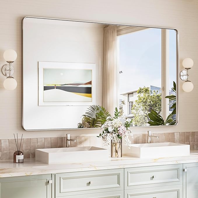 TokeShimi Brushed Nickel Vanity Mirror 60x36,Bathroom Mirror Framed Aluminum,Tempered Glass,Rectangle Mirror for Bathroom,Shatterproof Bathroom Wall Mirror(Horizontal/Vertical)