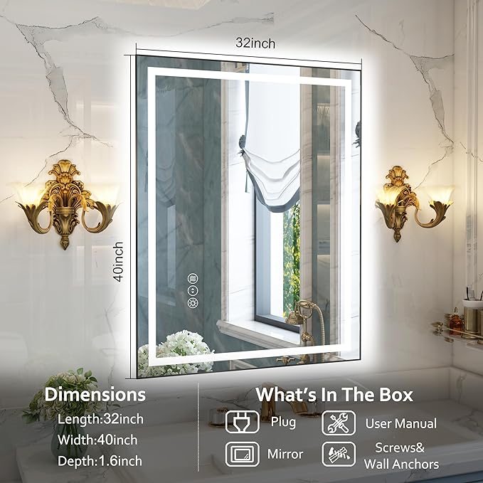 40"x 32" LED Bathroom Mirror with Black Frame, Bathroom Mirror with Lights Front and Backlit, Lighted Mirror Stepless Dimmable, Anti-Fog, Memory, LED Vanity Mirror with Lights 3 Colors