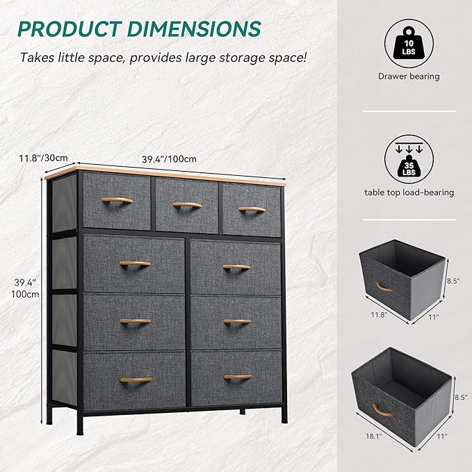 YITAHOME Dresser with 9 Drawers, Fabric Dresser for Bedroom, Living Room, Hallway, Closets (Dark Grey)