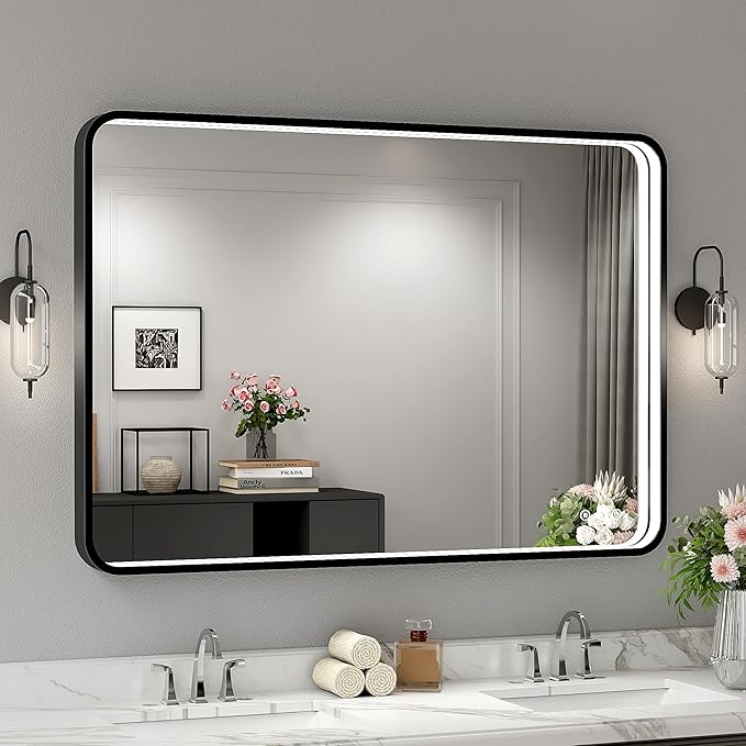 40x28 Inch LED Bathroom Mirror with Lights, Black Metal Framed LED Mirror for Bathroom, 3 Colors and Stepless Dimmable Wall Mounted Lighted Bathroom Vanity Mirror, Anti-Fog, Memory