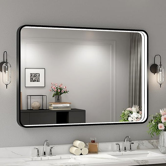 40x28 Inch LED Bathroom Mirror with Lights, Black Metal Framed LED Mirror for Bathroom, 3 Colors and Stepless Dimmable Wall Mounted Lighted Bathroom Vanity Mirror, Anti-Fog, Memory