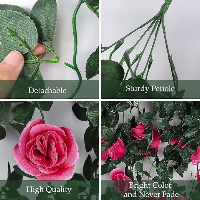 RECUTMS 4 Pack Artificial Plants Fake Hanging Flowers Faux Ivy Vines with LED Fairy Lights Plastic Outdoor UV Resistant for Home Window Garden Office Patio (Rose red)