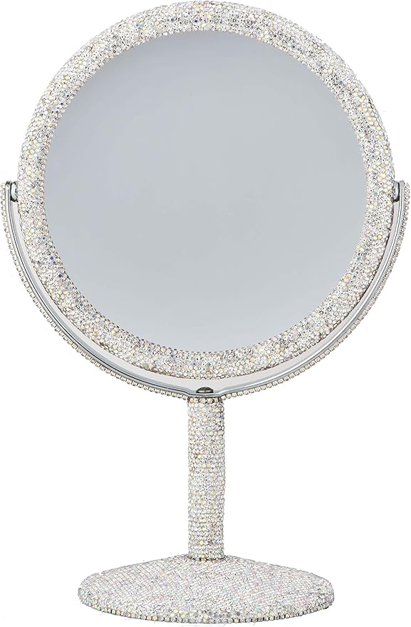 TISHAA Bling Makeup Vanity Mirror - Luxury Stand Double Sided Mirror Crystal Rhinestone Portable Desk Bathroom Bedroom (2X Magnification)