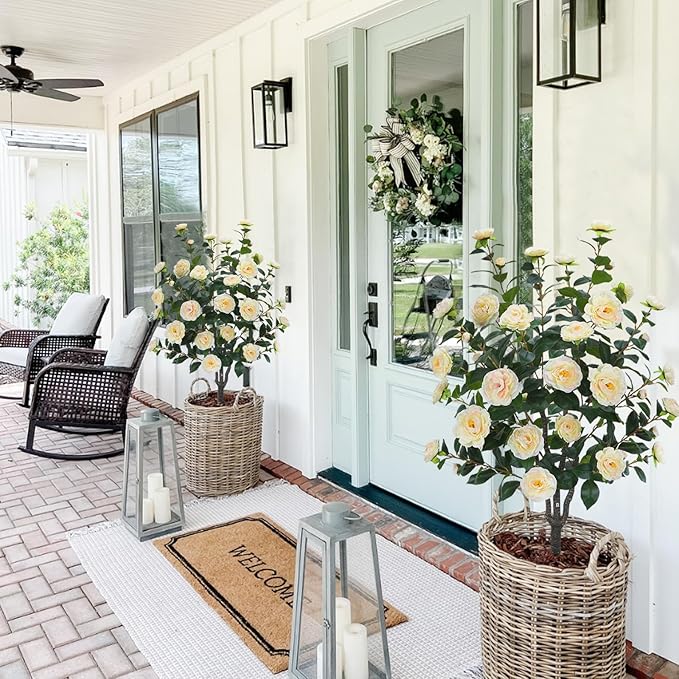 3.6FT Artificial Camellia Fake Tree, Artificial Plants & Flowers with 32 Yellow Pink Flowers for Door Front Decoration Porch Patio Living Room Office Indoor Outdoor Decor (2PCS Contains Dried Moss)