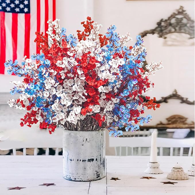 Uieke 30 Pcs 4th of July Artificial Flowers Fake Patriotic Babys Breath Flowers for Independence Day Decor Blue White Red Silk Flowers for Memorial Day Floral Arrangement Home Wedding