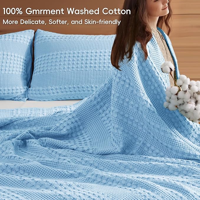 PHF 100% Cotton Waffle Blanket Oversized King 120"x120", Lightweight Breathable Extra Large 10'x10' Blankets for Bed, Giant Big Luxury Aesthetic Woven Bedding for Home Decor, Sky Blue