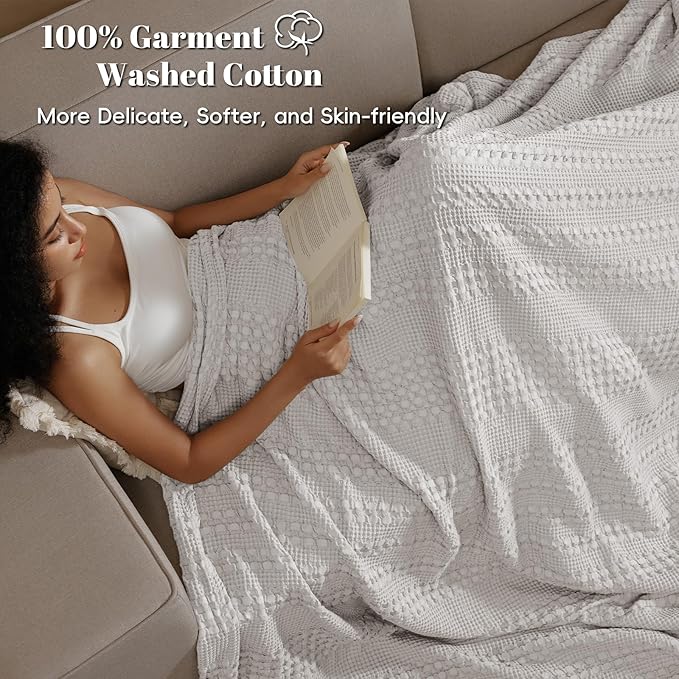 PHF 100% Cotton Waffle Blanket Oversized King 120"x120", Lightweight Breathable Extra Large 10'x10' Blankets for Bed, Giant Big Luxury Aesthetic Woven Bedding for Home Decor, Light Grey