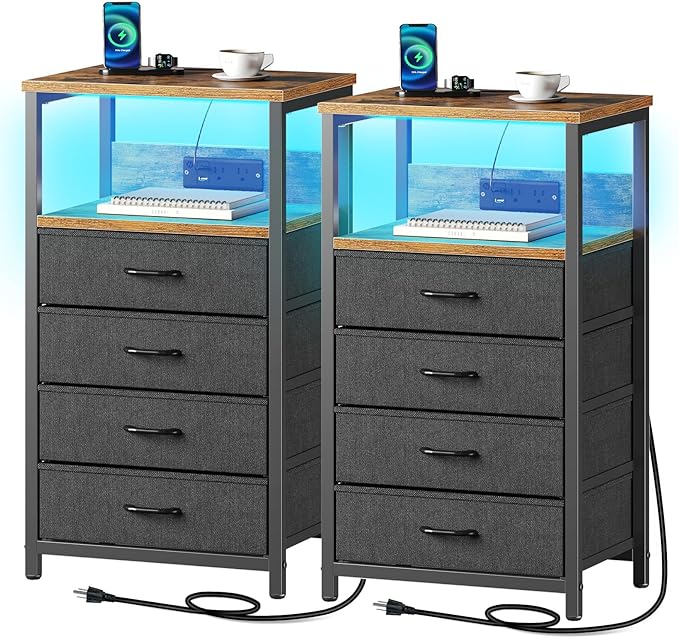 Seventable Night Stand with Charging Station, Tall Nightstand with 4 Fabric Storage Drawers, Side Table with LED Light for Bedroom, Entryway, Rustic Brown, Set of 2