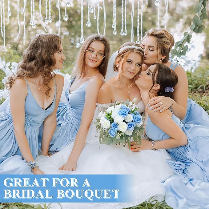 Zeyune 8 Pack 12 Inch Wedding Bouquets for Bride Bridesmaid Blue and White Artificial Rose Bouquet Fake Silk Roses Flowers Bunches Bulk for Home Office Garden Parties Decoration
