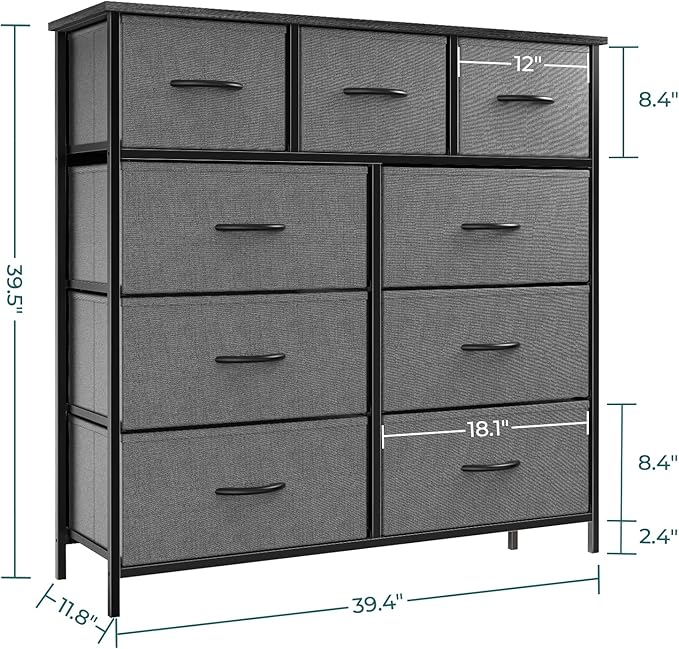 OLIXIS Dresser for Bedroom, 9 Storage Drawers, Wide Fabric Closet Chests Organizer Tower Furniture, TV Stand with Wooden Top Metal Frame for Clothes, Living Room, Hallway, Entryway, Classic Grey