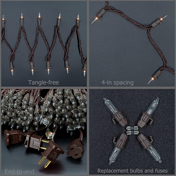 YULETIME Clear Christmas Lights with Brown Wire, 66 Feet 200 Count UL Certified String Lights, Pack of 2 Sets 33 Ft 100 Count Incandescent Mini Light Set (Clear)