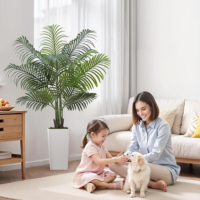 VEVOR Artificial Areca Palm Tree 5 ft, Fake Palm Tropical Plants with White Tall Planter, Faux Floor Silk Plant in Pot, Large Trees for Home Office Living Room Decor House Warming, Indoor Outdoor