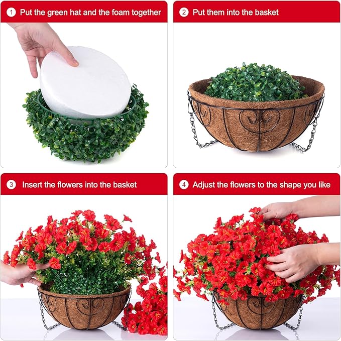 Artificial Fake Hanging Flowers Plants Baskets for Outdoor Decoration, Faux Silk Red Morning Glory in Planter Look Real UV Resistant Artificial Flower for Outside Porch Patio Garden Yard Home Decor