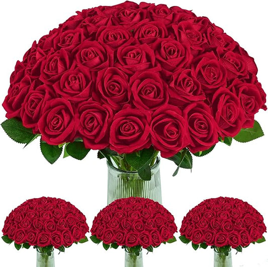 BLEUM CADE 100 Pcs Red Velvet Roses Artificial Flowers, Real Touch, Long Stems, Wedding & Occasion Decor