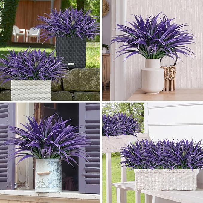 Ouddy Decor 20 Pcs Fake Outdoor Plants Artificial Grass Greenery Stems Faux Plastic Plants UV Resistant for Indoor Outside Garden Hanging Planter Pathway Porch Patio Window Box Home Decor, Purple