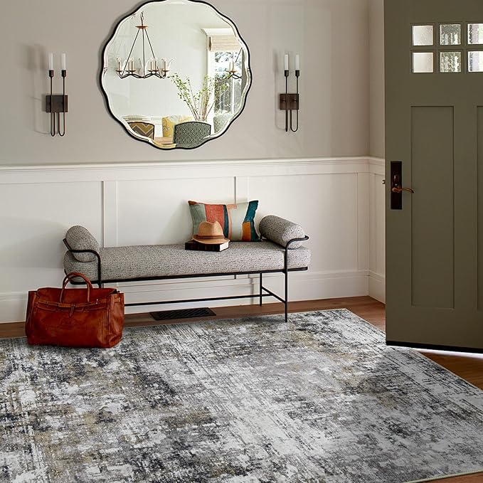 5x7 Area Rugs for Living Room Rug Washable: Modern Rug for Dining Room Bedroom Carpet Non Slip Low Pile 5 by 7 Indoor Abstract Nursery Home Office Black Gold