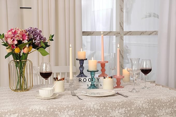 GMWD 3 Pcs Glass Candle Holder Set Clear, Pink Candlesticks Holders Pillar Taper Candles Tealight Stand for Wedding Centerpieces Home Decorations Dining Table