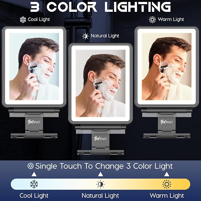Vanity Mirror with Lights | Fogless Shower Mirror | 3 Light Lightweight Shaving Mirror with A Squeegee | Rust-Proof LED Wall Mirror | Storage Shelf for Bathroom Accessories (Black)