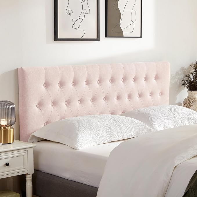 Tufted Upholstered Headboard King Size, Solid Wood Head Board with Durable Metal Legs, Adjustable Height Bed headboard from 37” to 51” Fabric Headboard in Modern Button Design, Pink