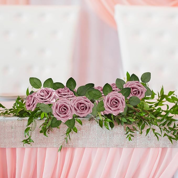 MACTING 30PCS Mothers Day Pink Artificial Flowers Glitter Fake Flowers with Stem Real Touch Foam Roses for DIY Wedding Bouquet Table Centerpieces Party Wreath Home Spring Decorations