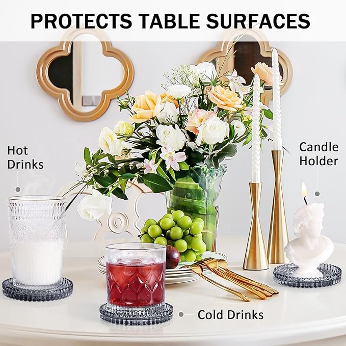 Glass Candle Holders, GOH DODD Set of 8 Crystal Pillar Plates Modern Coasters for Drinks, Centerpiece, Home Decor, Kitchen, Living Room, Patio, Wedding, Halloween, Christmas, Party, Clear Black