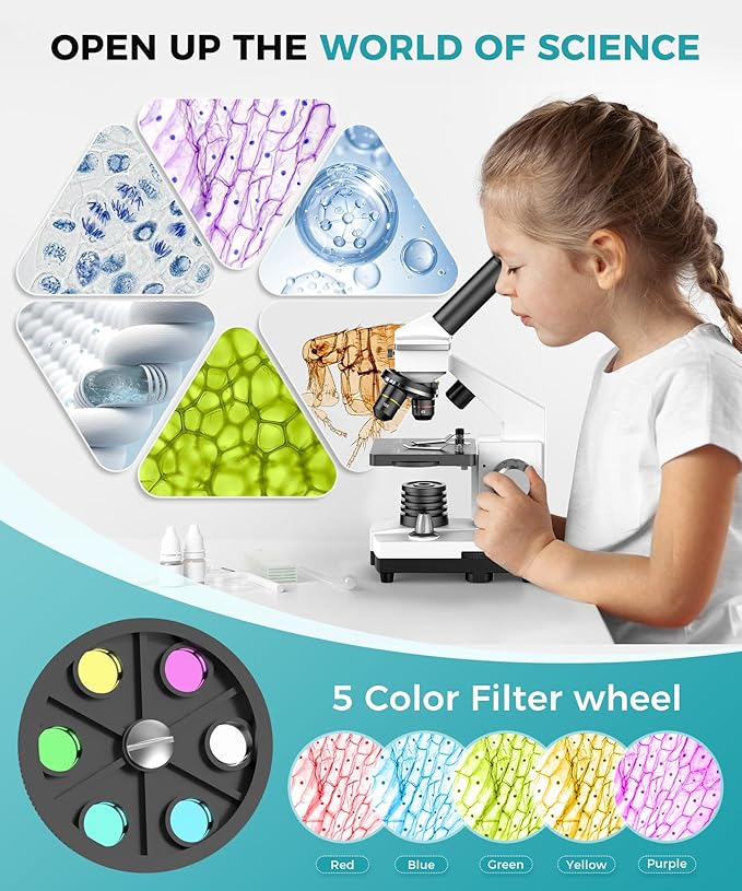 Professional Compound Microscopes for Adults, Kids 8-12 & Students | 2000X Magnification Lab & Home Microscope with Phone Adapter, Complete Slides Set (Gray White)