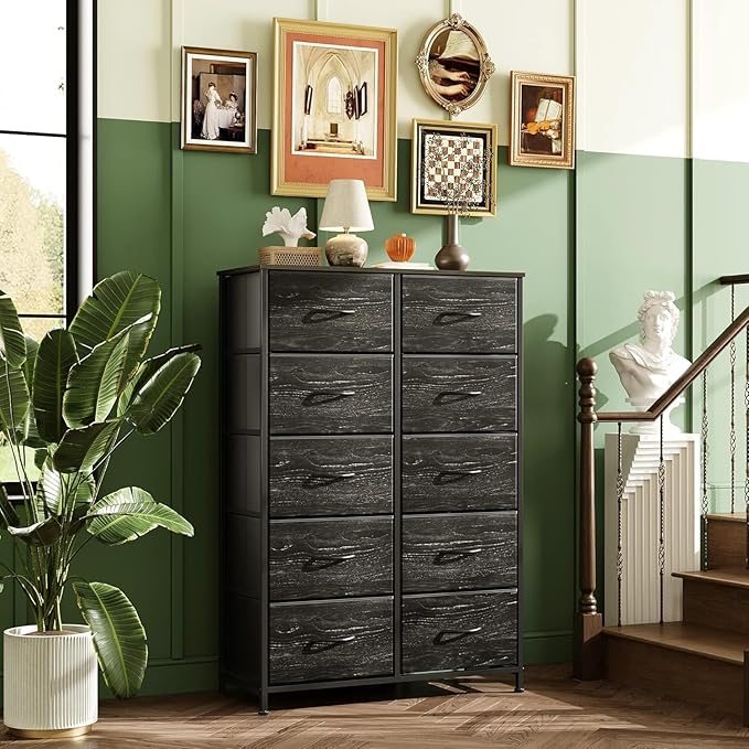 WLIVE Black Tall Dresser for Bedroom with 10 Drawers, Chest of Drawers, Dressers Bedroom Furniture, Storage Organizer Unit with Fabric Bins for Closet, Hallway, Living Room
