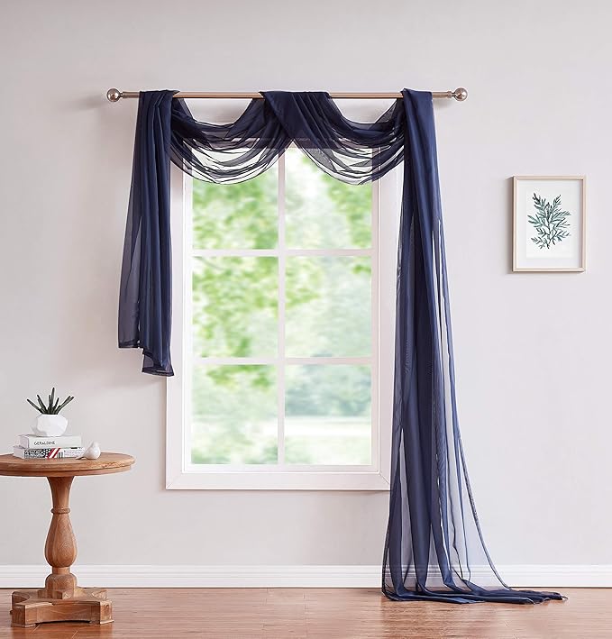 LinenZone Navy Window Scarf Valance in 360 Inch Size. Use Window Scarves as Canopy Bed or Backdrop Curtains, Curtain Scarf, or Sheer Fabric for Draping. (Amazing 55 x 360, Navy)