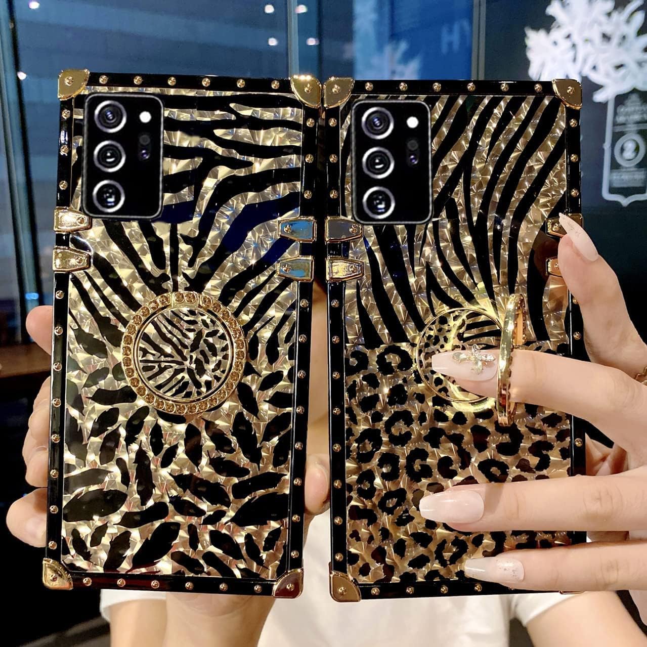 Samsung Galaxy A52 Trunk Case, Cute Leopard Pattern Gold Glitter Bling Soft Cover with Finger Ring Grip Kickstand