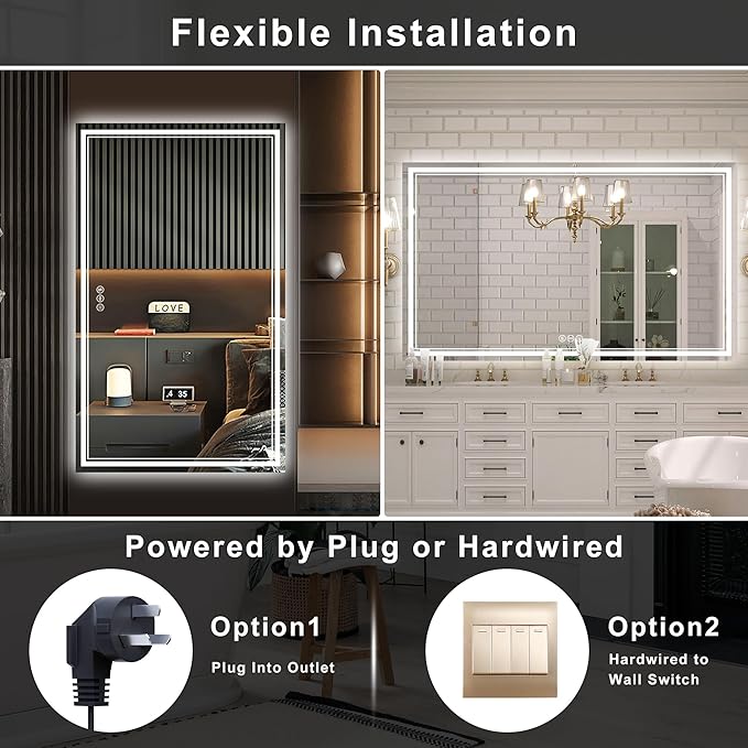 36''x24'' Lighted Mirrors for Bathroom Wall Backlit + Front Lit, Rectangular LED Bathroom Mirror Frameless with Lights Anti Fog, Dimmable, 3 Colors,Tempered Glass, Shatter-Proof (Color 1,)