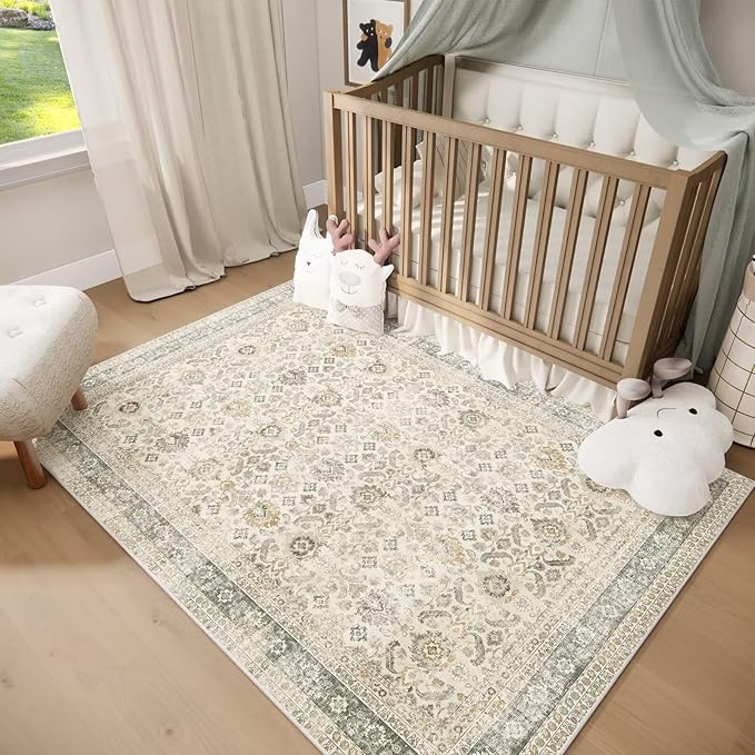Washable 3x5 Entryway Rug Indoor, Boho Non-Slip Silicone Backing Small Rugs for Kitchen Nursery Office Bedroom, 0.3" Neutral Oriental Throw Carpet with 0.16" Cushioning Pad, Grey/Multi