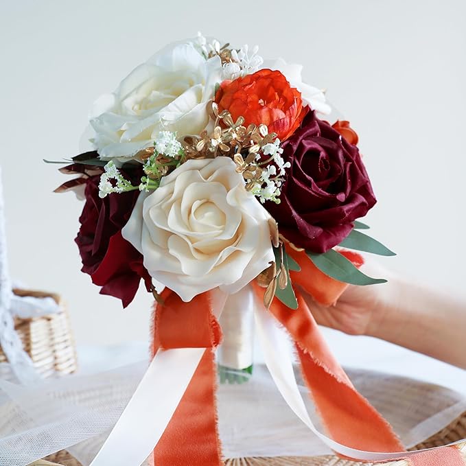 ponatia Burnt Orange Wedding Bouquets for Bride Bridesmaid, Artificial Burgundy Prom Flowers Bouquet for Weddins, Ceremony, Anniversary, 7 Inches