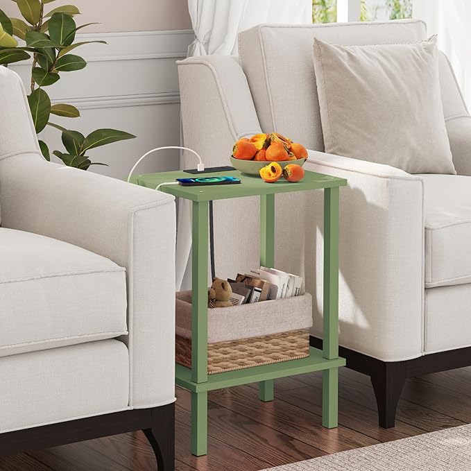 TUTOTAK End Table with Charging Station, Small Side Table with Outlets, Nightstand Bedside Table, 2-Tier Storage Shelf for Small Space, Living Room, Bedroom, Olive Green TB01BOG040