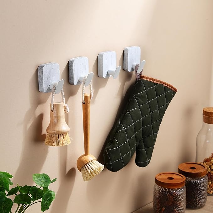 DELITON Wood Wall Hooks, Adhesive Towel Hooks for Hanging Wall Mounted, 4 Packs Coat Robes Hats Command Hook Heavy Duty No Damage, White