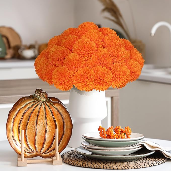 36 Pcs Artificial Chrysanthemums Flowers,Marigold Flower Fall Fake Flowers Orange Silk Mums Bouquet Decor Faux Ball Flowers for Autumn Day of Home Decor Indoor Wedding Table Centerpiece (Orange)