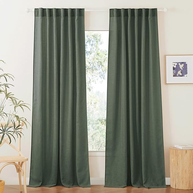 RYB HOME Linen Blended Curtains - Back Tab Vintage Thick Linen Burlap Light Filtering Decorative Sheer for Bedroom Living Room Home Office, W 52" x L 95", 2 Pcs, Hunter Green