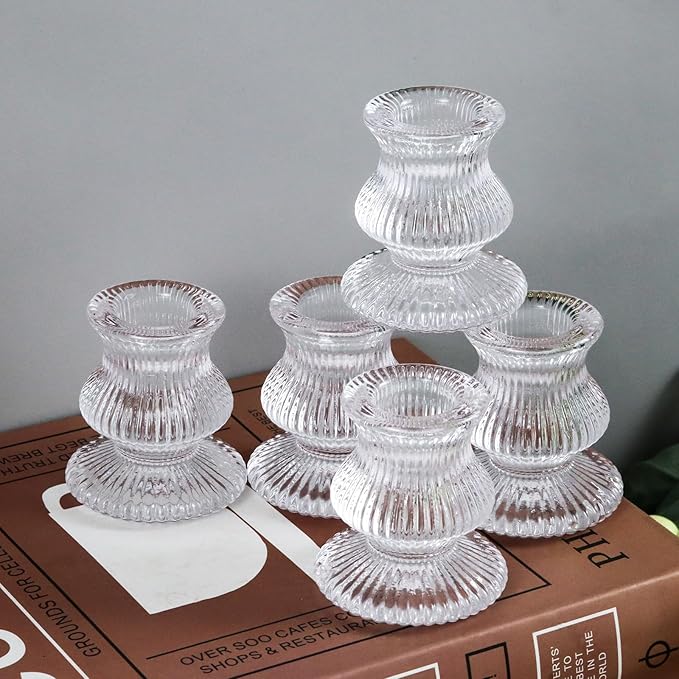 WDHODEC Clear Glass Candlestick Holders 12PCS Taper Candle Holders for Table Centerpiece Colorful Candle Sticks for Wedding, Party and Festival Decoration