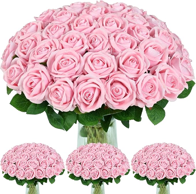 BLEUM CADE 100 Pcs Pink Roses Artificial Flowers, Real Touch Velvet Roses Fake Flowers Bulk, Artificial Roses Bouquet with Long Stems Bridal DIY Wedding Party Centerpiece Decorations