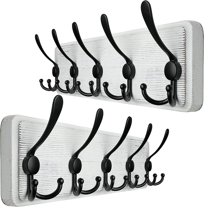 WEBI Coat Rack Wall Mount,Wood Coat Hooks Wall Mounted Coat Hanger,16" Hole to Hole,Wall Hook Rack Rail,5 Triple Hooks for Hanging Coats,Clothes,Jacket,Hats,Entryway,Black/White,2 Packs